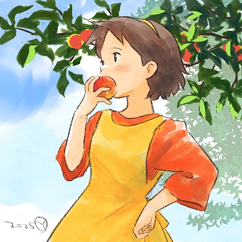 1girl, annie_harding, black_eyes, blue_sky, blush, bob_cut, breasts, brown_hair