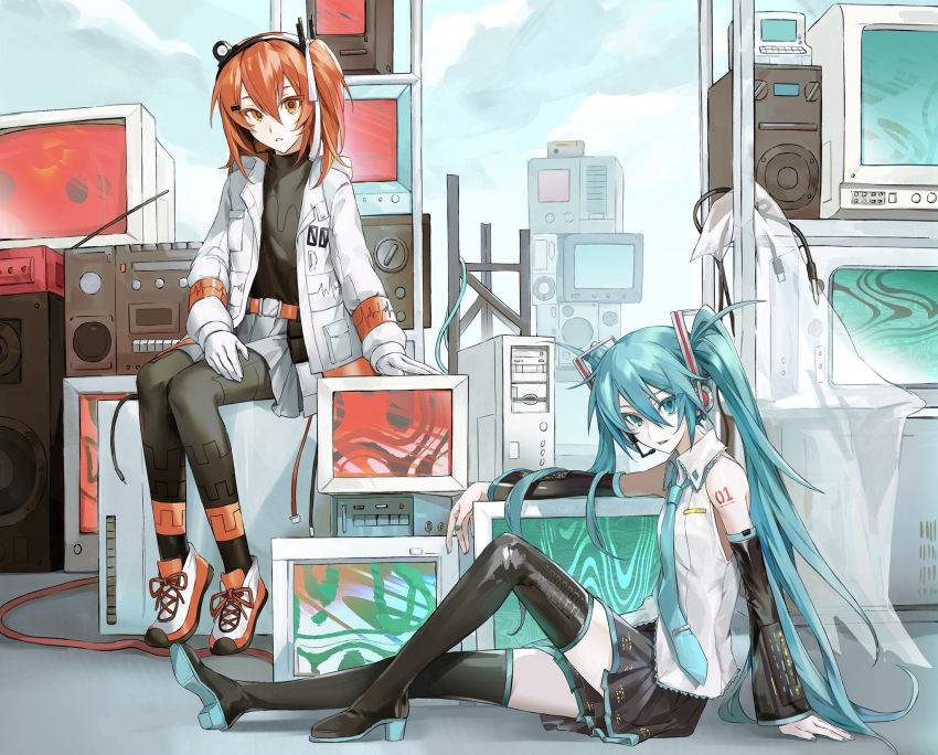 2girls, a.i._voice, adachi_rei, amplifier, belt, black_boots, black_shirt, black_skirt