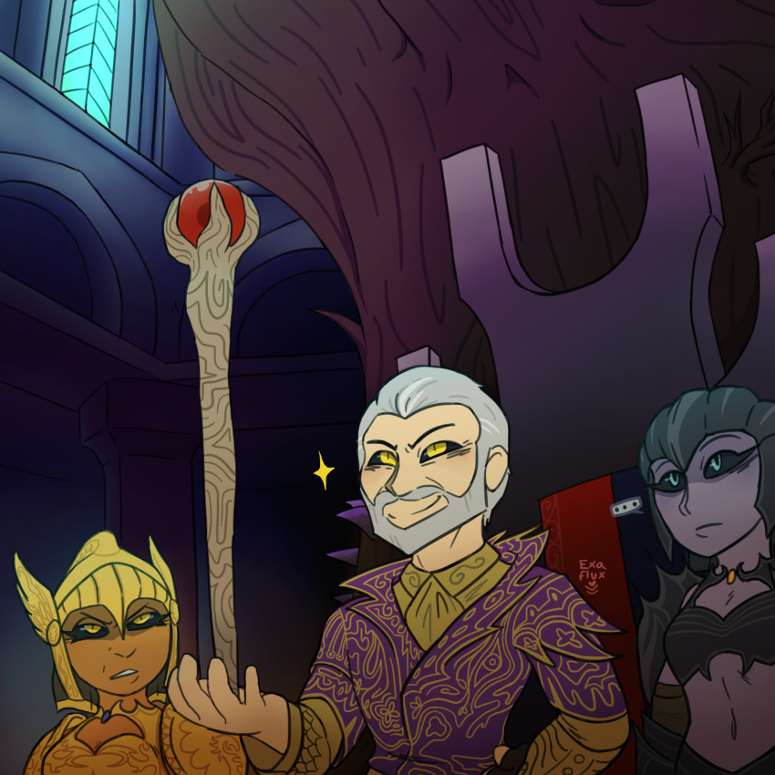 1boy, 2girls, armor, beard, black_armor, black_sclera, blue_eyes, boobplate, cleavage_cutout, clothing_cutout, colored_sclera, colored_skin, confused, dark_seducer_(mazken), exaflux, facial_hair, furrowed_brow, gold_armor, gold_skin, gold_trim, golden_saint_(aureal), grey_hair, helmet, highres, indoors, jacket, looking_at_object, mage_staff, midriff, multiple_girls, ornate_clothes, purple_jacket, purple_skin, revealing_clothes, sheogorath, shirt, shoulder_armor, slit_pupils, smile, staff, standing, star_(symbol), the_elder_scrolls, the_elder_scrolls_iv:_oblivion, throne_room, toon_(style), tree, upper_body, watermark, winged_helmet, yellow_eyes, yellow_shirt