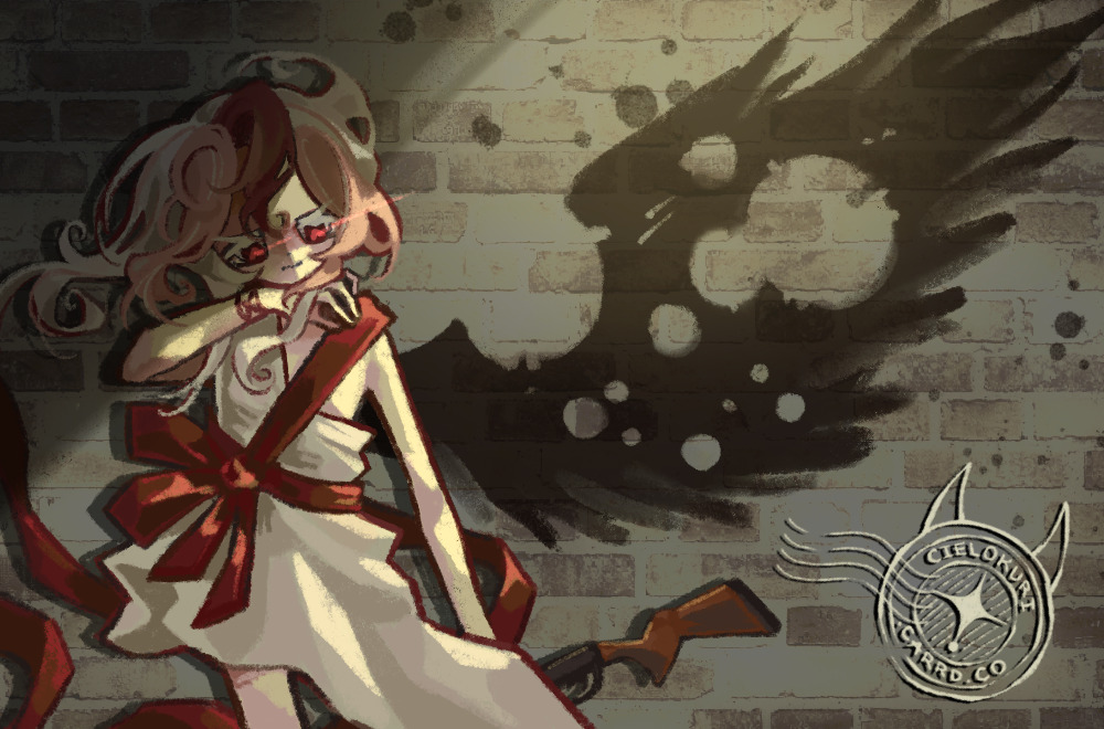 1boy, ancient_greek_clothes, arm_up, black_wings, brick_wall, cielokuri, colored_eyelashes, cookie_run, cookie_run:_kingdom, derivative_work, glowing, glowing_eyes, greco-roman_clothes, grey_background, gun, hair_flowing_over, himation, humanization, multicolored_hair, pale_skin, parody, pavlova_cookie, pink_hair, red_eyes, red_hair, red_ribbon, ribbon, ribbon_around_body, robe, screenshot_redraw, short_hair, shotgun, single_wing, upper_body, watermark, weapon, white_eyelashes, white_hair, white_robe, wings