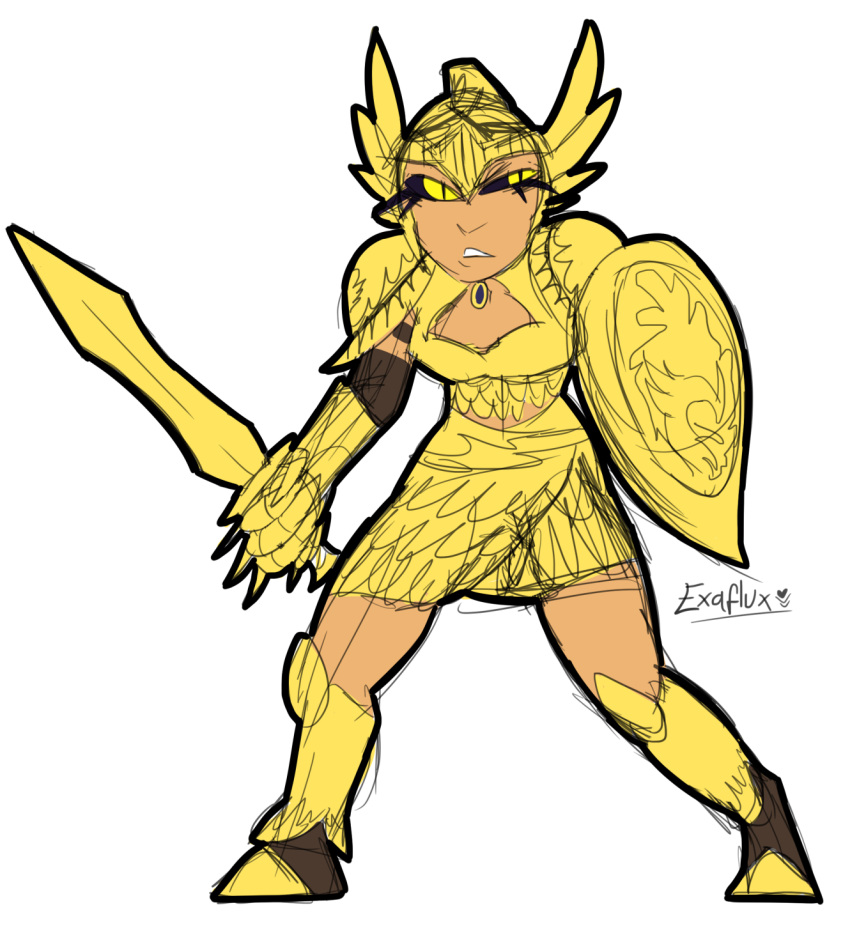 1girl, armor, armored_boots, black_sclera, boobplate, boots, clawed_gauntlets, cleavage_cutout