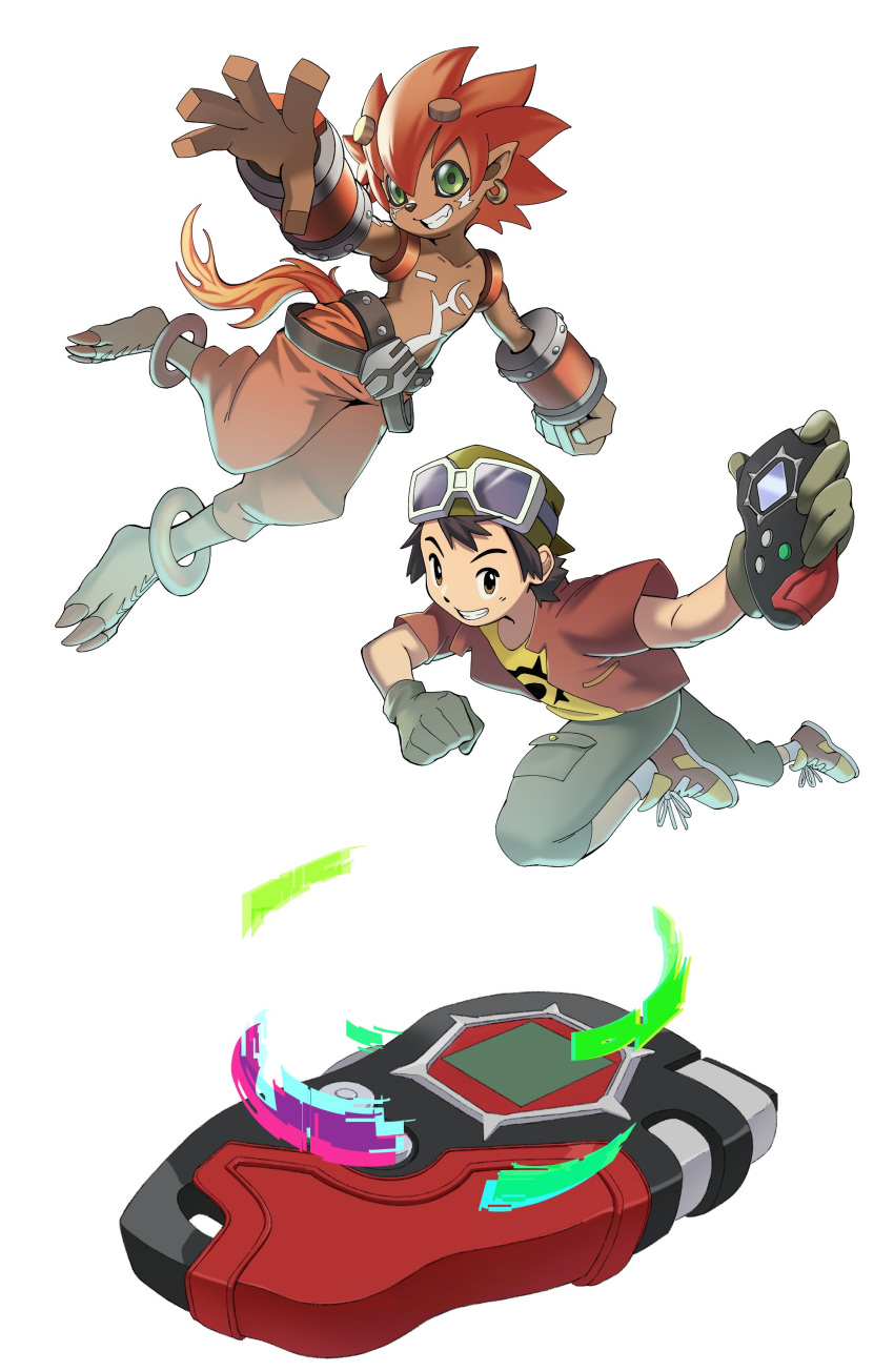 2boys, absurdres, brown_eyes, brown_hair, d-scanner, digimon, digimon_(creature), digimon_frontier