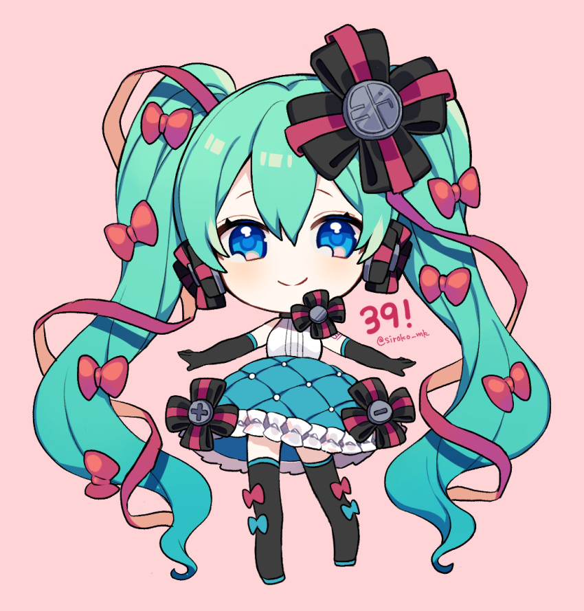 1girl, 39, aqua_hair, arm_tattoo, black_gloves, black_shoes, blue_bow, blue_eyes