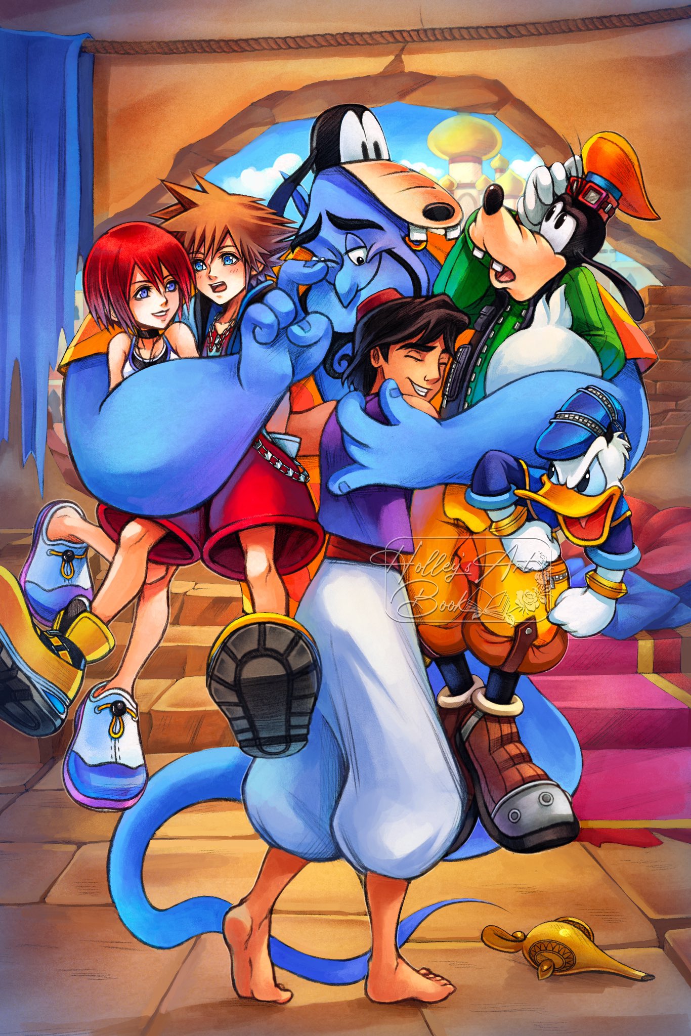 1girl, 5boys, aladdin_(character), aladdin_(disney), aladdin_(movie), artist_name, bare_shoulders, barefoot, beard, black_choker, black_hair, blue_eyes, blue_skin, blush, brown_hair, choker, closed_eyes, colored_skin, commentary, dark-skinned_male, dark_skin, disney, donald_duck, english_commentary, facial_hair, furry, furry_male, genie_(aladdin), goofy, hawaiian_shirt, highres, hollypolllyy, kairi_(kingdom_hearts), kingdom_hearts, kingdom_hearts_i, multiple_boys, nomura_tetsuya_(style), purple_vest, red_hair, shirt, short_hair, sora_(kingdom_hearts), spiky_hair, toes, vest, white_shirt
