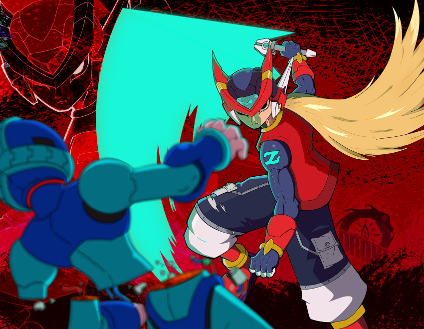 absurdres, android, arm_cannon, armor, blue_armor, blue_helmet, energy_sword, forehead_jewel, helmet, highres, mega_man_(series), mega_man_zero_(series), netnavi, oroki_doji, red_armor, red_helmet, robot, robot_ears, sword, weapon, z_saber, zero(z)_(mega_man), zero_(mega_man)