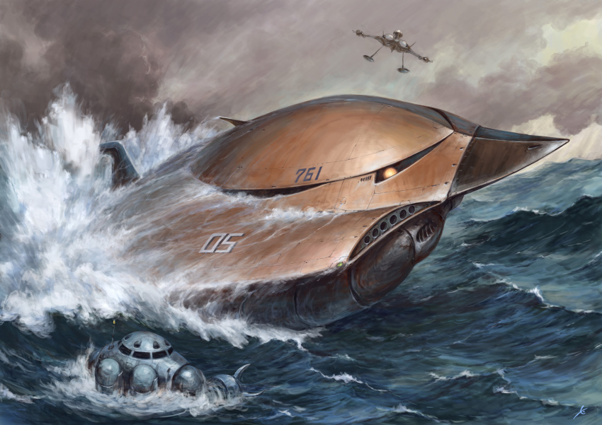 absurdres, aircraft, commentary_request, grabro, gundam, highres, mecha, mecha_focus, mobile_armor, mobile_suit, mobile_suit_gundam, no_humans, ocean, one-eyed, outdoors, overcast, partially_submerged, radio_antenna, red_eyes, robot, science_fiction, sky, water, waves, youkoumori, z'gok, zeon