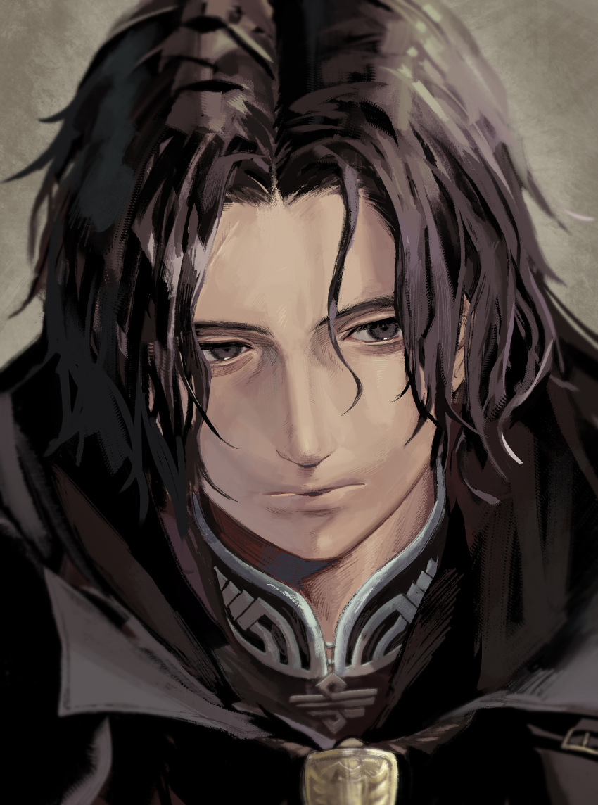 1boy, alex_row, black_cloak, black_hair, black_shirt, black_straps, blurry, cloak