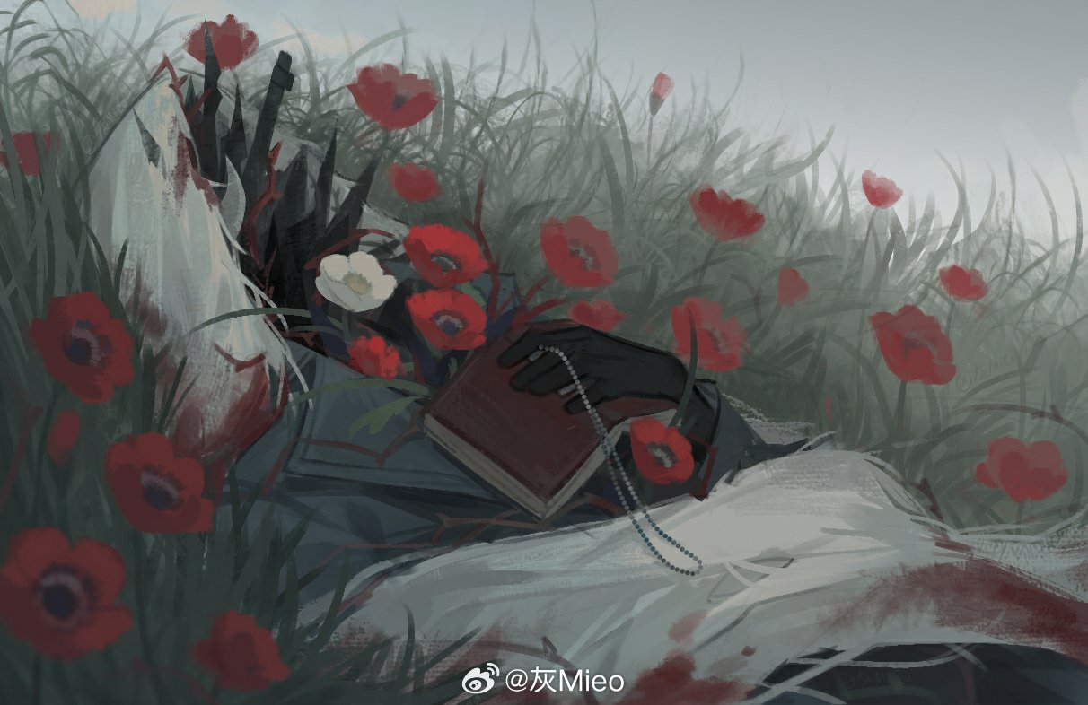 1boy, black_gloves, blue_coat, charon_(reverse:1999), coat, dog_tags, flower, gloves, grey_sky, holding, holding_dog_tags, holding_notebook, hui_mieo, lying, male_focus, notebook, object_on_head, on_back, on_grass, overcast, poppy_(flower), red_flower, reverse:1999, shards, sky, solo, upper_body, veil, watermark, weibo_watermark, white_flower, white_veil