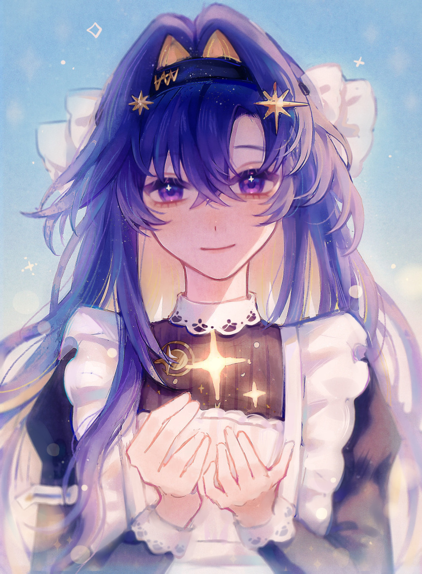 1girl, absurdres, apron, black_dress, black_hairband, blonde_hair, blue_background, blue_eyes