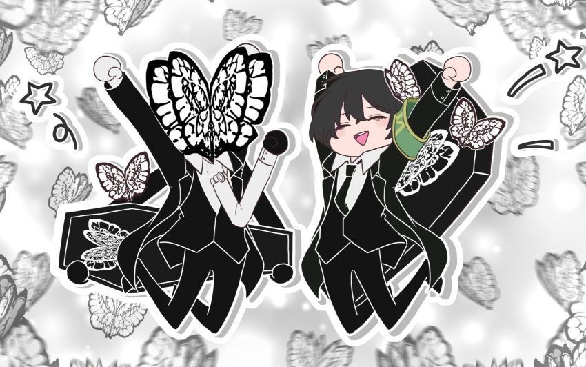 1boy, 1other, animal_head, animal_print, armband, arms_up, bags_under_eyes, black_butterfly