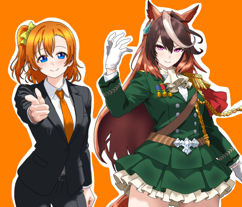 2girls, animal_ears, cowboy_shot, haiwo, highres, horse_ears, horse_girl, kosaka_honoka, love_live!, love_live!_school_idol_project, medal, military_uniform, multiple_girls, necktie, orange_hair, orange_necktie, side_ponytail, suit, symboli_rudolf_(umamusume), thigh-highs, umamusume