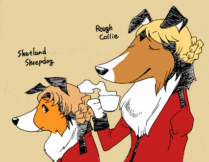 2girls, blonde_hair, closed_eyes, closed_mouth, collie_(dog), commentary_request, cup, darjeeling_(girls_und_panzer)