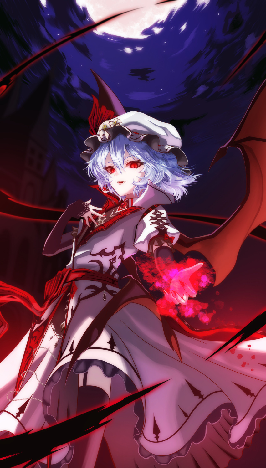 1girl, absurdres, bat_wings, black_bridal_gauntlets, black_thighhighs, bridal_gauntlets, dress, evil_smile, fang, fingernails, frilled_dress, frills, garter_straps, gem, gloves, hair_between_eyes, hand_on_own_chest, hand_up, hat, hat_ribbon, highres, lace-trimmed_gloves, lace_trim, looking_at_viewer, merihari07, mob_cap, moon, nail_polish, night, night_sky, outdoors, parted_lips, pink_hair, puffy_short_sleeves, puffy_sleeves, red_eyes, red_gemstone, red_nails, red_ribbon, remilia_scarlet, ribbon, sharp_fingernails, short_hair, short_sleeves, sky, slit_pupils, smile, solo, thigh-highs, touhou, white_dress, white_hat, wings, zettai_ryouiki