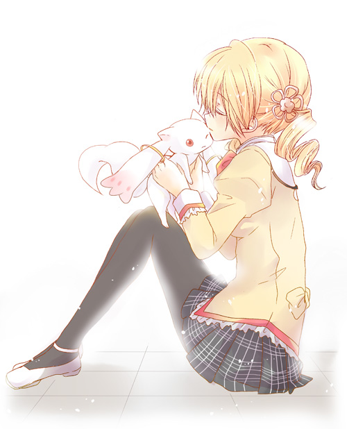 cheek_kiss, closed_eyes, drill_hair, eyes_closed, hair_ornament, holding, kiss, kyubey, light, mahou_shoujo_madoka_magica, pantyhose, profile, puffy_sleeves, school_uniform, simple_background, sitting, tomoe_mami, uchida_(utidaneo), uchida_neo, wink