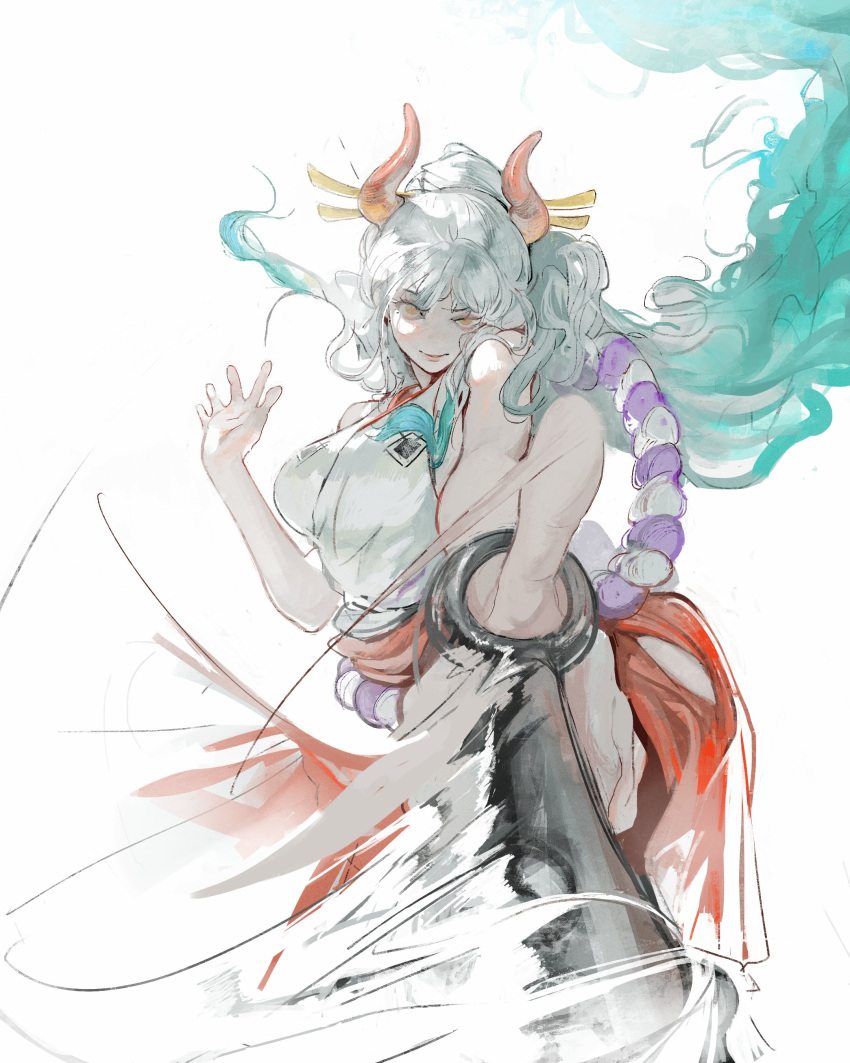 1girl, absurdres, blending, breasts, club_(weapon), curled_horns, earrings, floating_hair, green_hair, hair_ornament, hair_stick, hakama, hakama_pants, hand_up, highres, holding, holding_weapon, hoop_earrings, horns, index_finger_raised, japanese_clothes, jewelry, kanabou, kanji_(nievart), kimono, long_hair, looking_at_viewer, motion_blur, motion_lines, multicolored_hair, multicolored_horns, one_piece, oni, orange_horns, outstretched_arm, pants, ponytail, reaching, reaching_towards_viewer, red_hakama, red_horns, rope, shimenawa, sleeveless, sleeveless_kimono, smile, solo, weapon, white_background, white_hair, yamato_(one_piece), yellow_horns