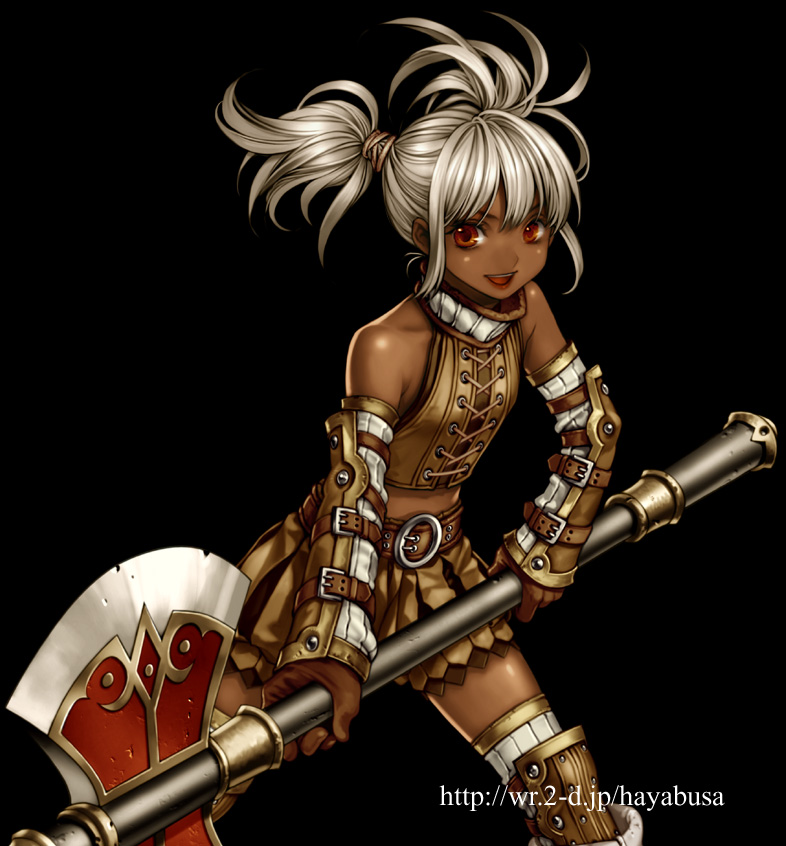 bare_shoulders, battle_axe, belt, dark_skin, elbow_gloves, gloves, open_mouth, orange_eyes