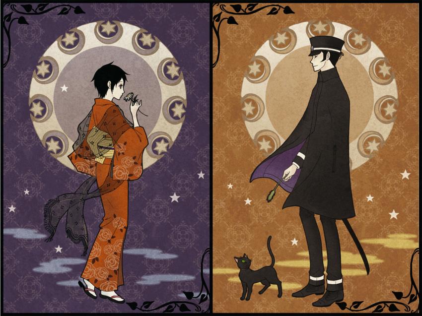 1boy, 1girl, black_border, black_cat, black_cloak, black_eyes, black_hair, black_hat