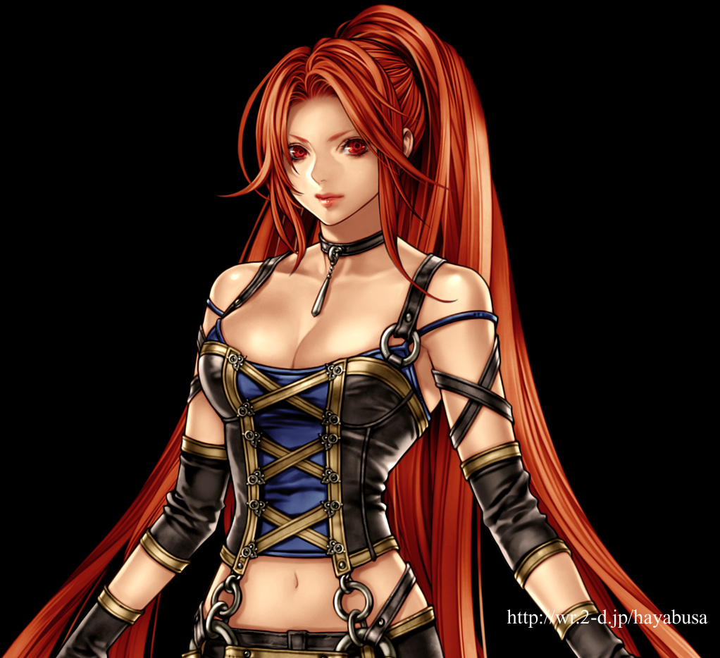 choker, cleavage, large_breasts, lips, long_hair, midriff, navel, red_eyes
