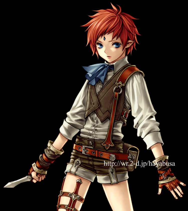 ascot, belt, blue_eyes, dagger, fingerless_gloves, forehead_jewel, gloves, male