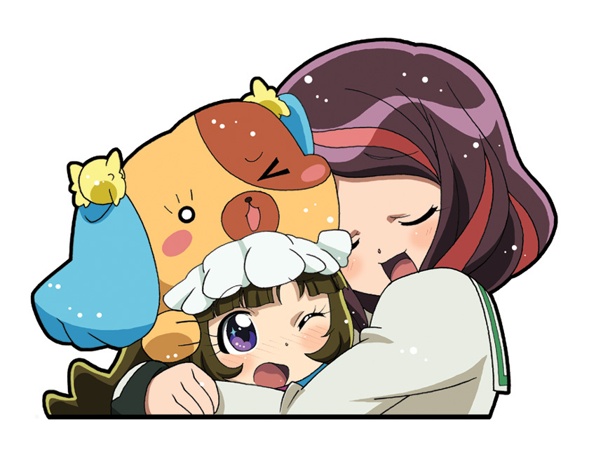 anyamal_tantei_kirumin_zoo, blush, brown_hair, hug, mikogami_nagisa, miyabe_kasumi, multicolored_hair, purple_eyes
