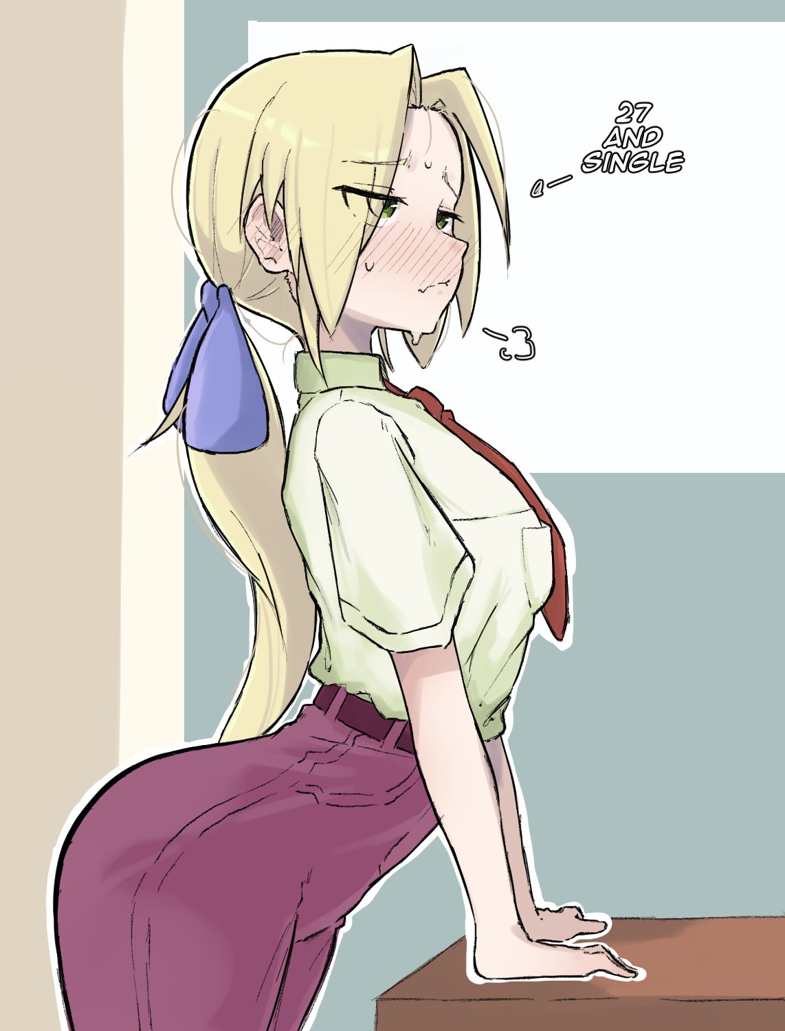 1girl, ass, blonde_hair, blush, breasts, cake, classroom, food