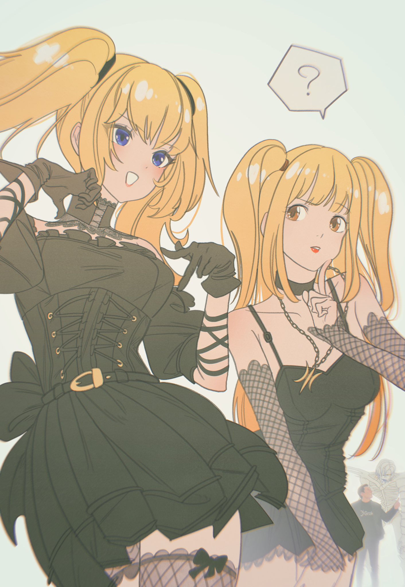 1boy, 3girls, :d, ?, amane_misa, ani_(xai), bare_shoulders, black_choker