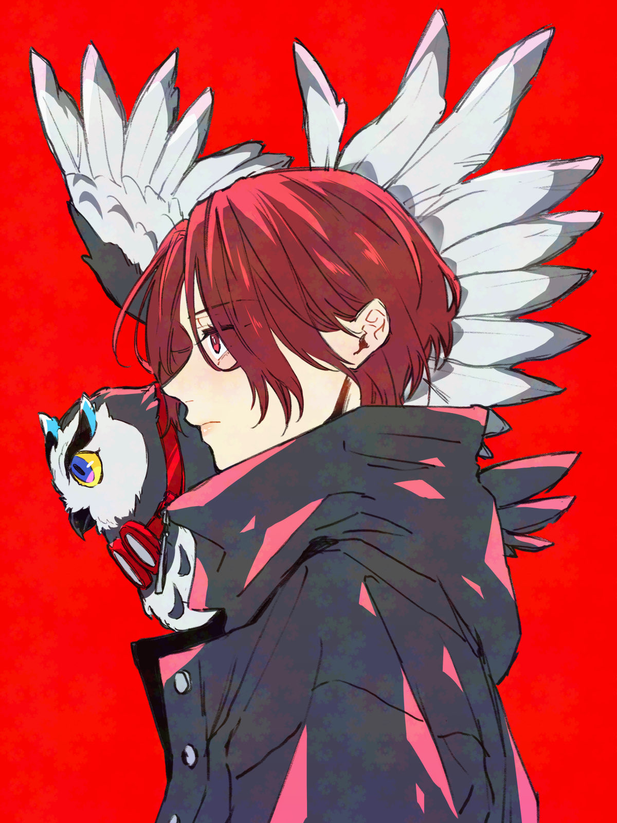 1boy, animal_on_shoulder, bird, bird_on_shoulder, black_jacket, commentary, frown, highres