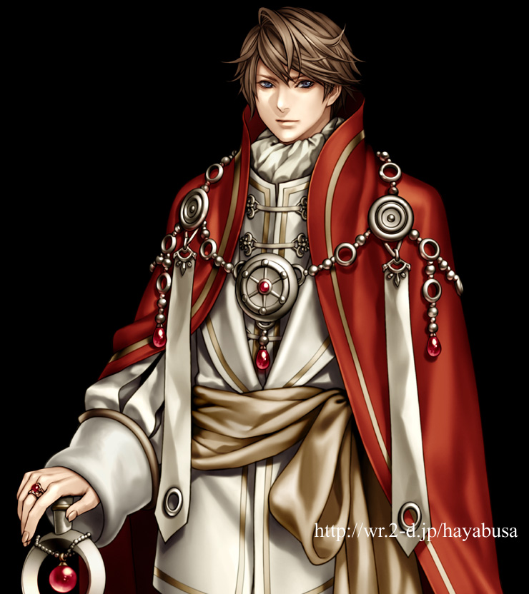 blue_eyes, brown_hair, cape, jewelry, long_sleeves, male, ornate, ring