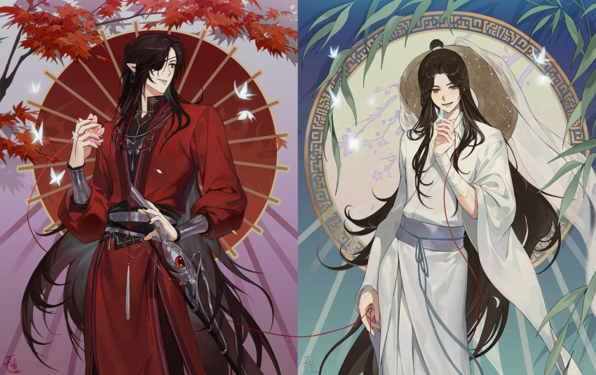 2boys, absurdly_long_hair, absurdres, arm_at_side, autumn_leaves, bamboo_leaf, bandaged_neck, bandaged_wrist