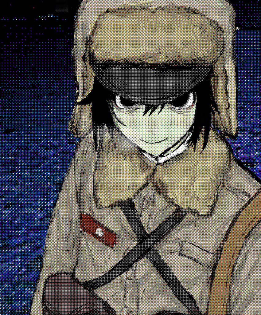 1other, artstyle_request, batamoti25, black_eyes, black_hair, blue_background, breath, character_request, check_copyright, copyright_request, fur-trimmed_headwear, fur_trim, hair_between_eyes, highres, jacket, light_blush, light_smile, looking_at_viewer, medium_hair, original, pouch, solo, ushanka, visor_ushanka