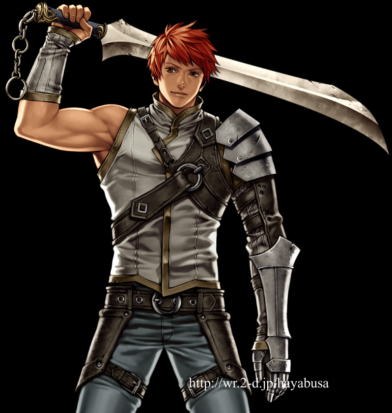 armor, asymmetrical_clothes, asymmetrical_clothing, gauntlets, male, pants, red_hair, redhead