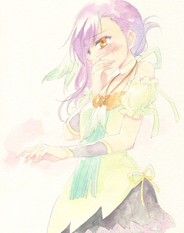 blush, hand_to_mouth, jewelry, necklace, odette_(rune_factory), purple_hair, rune_factory, rune_factory_oceans