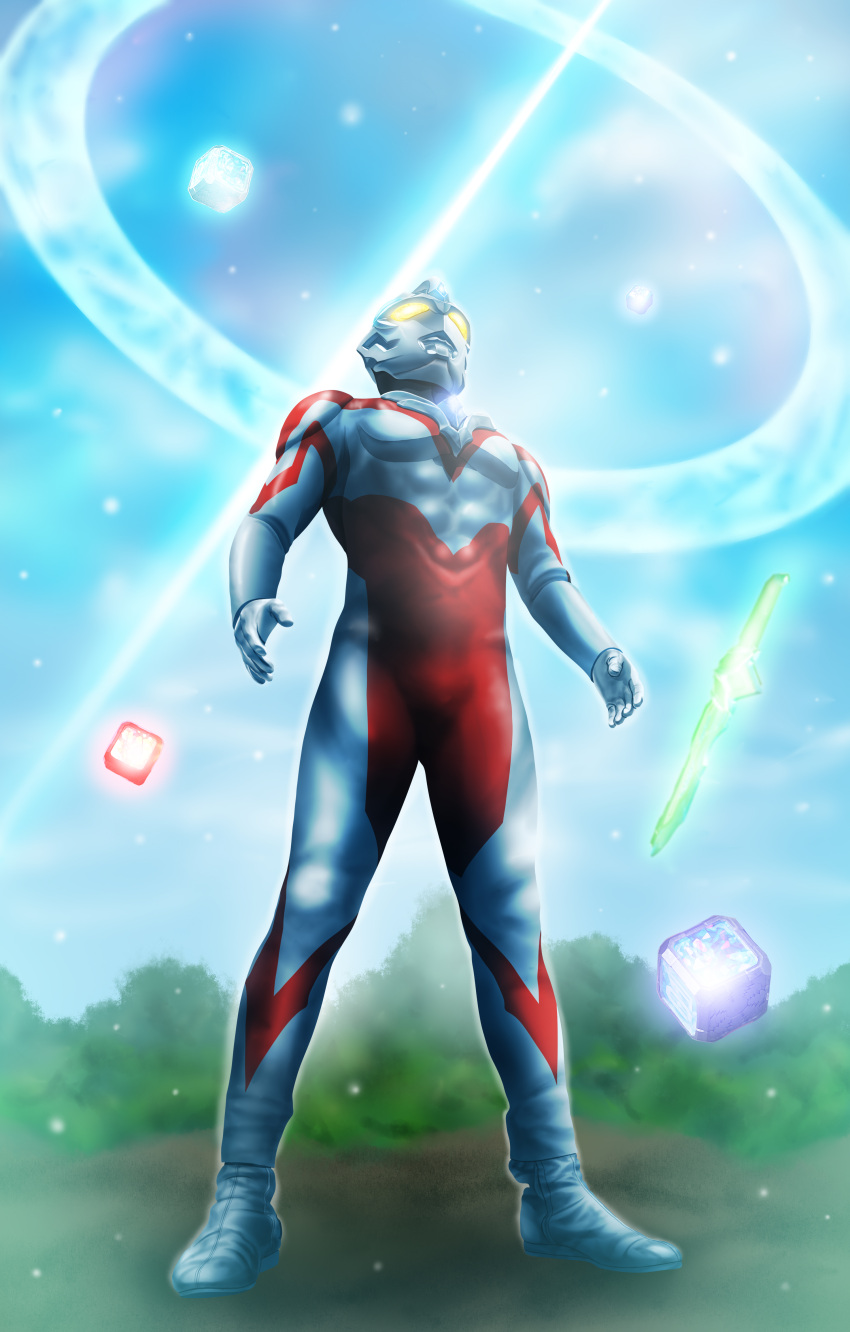 1boy, abs, absurdres, alien, arc_cube, arc_eye_sword, arms_at_sides, black_skin