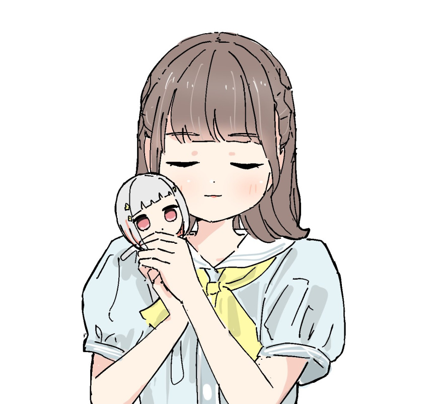 1girl, blue_dress, blunt_bangs, brown_hair, character_doll, commentary, diagonal_bangs, doll