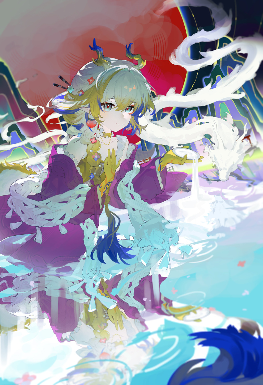arknights, blonde_hair, blue_hair, bowl, choker, coat, colored_extremities, dragon