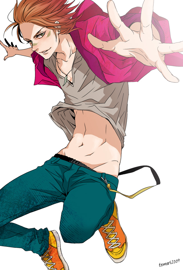 abs, face_paint, facepaint, foreshortening, green_eyes, jacket, jewelry, male