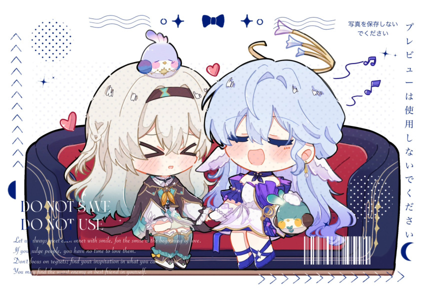 >_<, 2girls, blue_bow, blue_couch, blue_hair, blue_ribbon, blush, bow