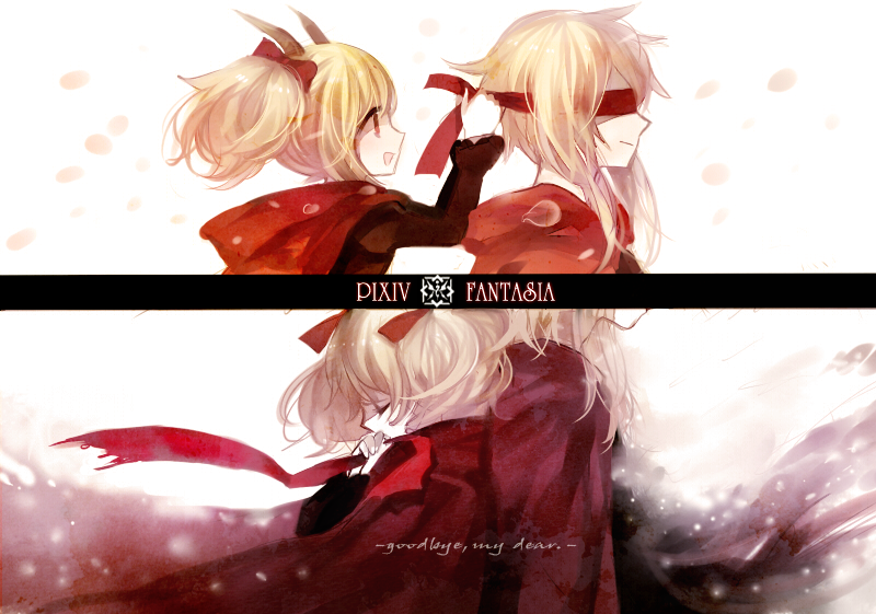 bad_id, blindfold, blonde_hair, closed_eyes, coat, dress, eyes_closed, hair_ribbon