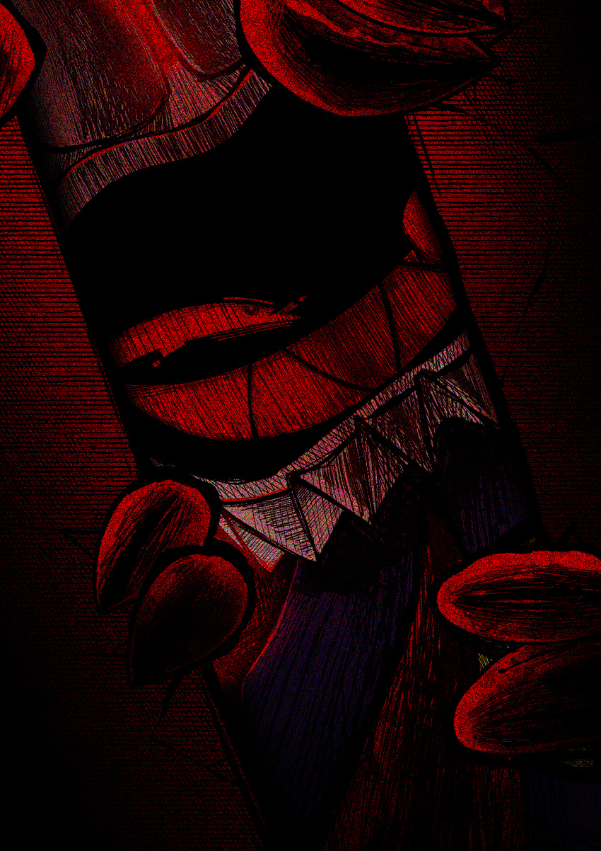 crack, cracked_wall, dutch_angle, ego_(ecolo_go), glitch, highres, looking_at_viewer, mario_&amp;_luigi:_brothership, mario_&amp;_luigi_rpg, object_head, peeking_out, reclusa_(mario), red_theme, sharp_teeth, solo, super_mario_bros., teeth, television