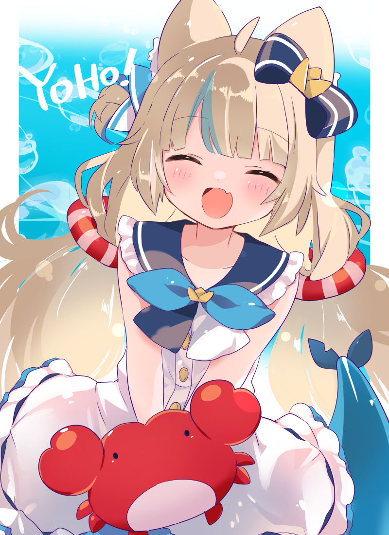 1girl, :d, animal_ears, blonde_hair, blue_hair, blue_sailor_collar, blush, closed_eyes