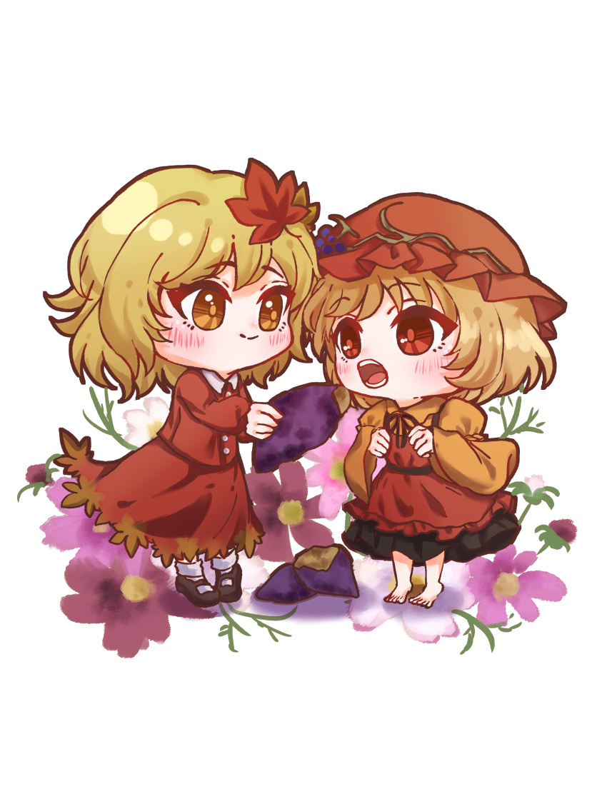 2girls, a16850155, absurdres, aki_minoriko, aki_shizuha, barefoot, black_skirt, blonde_hair