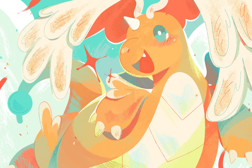 1other, colored_skin, commentary, dragonite, english_commentary, feathered_wings, green_background, green_eyes, head_wings, highres, horns, looking_to_the_side, mathias_ball, mega_dragonite, mega_pokemon, no_humans, open_mouth, orange_skin, pokemon, pokemon_(creature), pokemon_focus, pokemon_legends:_z-a, simple_background, single_horn, smile, sparkle, wings
