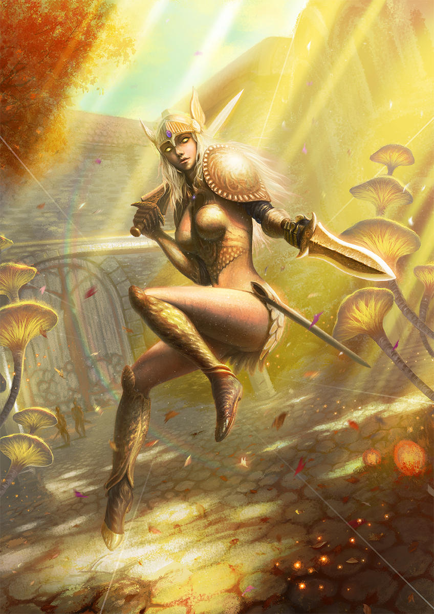 1girl, armor, armored_boots, blonde_hair, boobplate, boots, clawed_gauntlets, cleavage_cutout