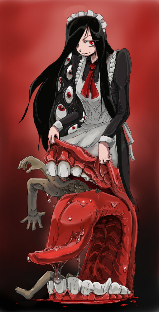 black_hair, body_horror, close_(artist), eyes, futaba_channel, hair_over_one_eye, long_hair, maid, maid_headdress, monster, monster_girl, nightmare_fuel, nijiura_maids, ozoi, red_eyes, solo, teeth