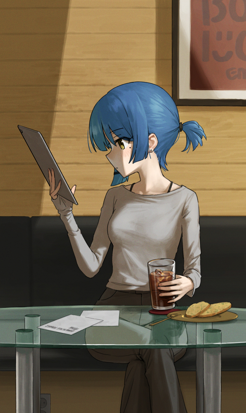 1girl, absurdres, alternate_costume, alternate_hairstyle, b1026, bench, blue_hair, blunt_sidelocks, bocchi_the_rock!, bra_strap, bread, bread_slice, breasts, brown_pants, closed_mouth, collarbone, commentary, crossed_legs, cup, drink, english_commentary, expressionless, feet_out_of_frame, film_grain, fingernails, food, fork, glass, glass_table, grey_sweater, hair_tie, hand_up, highres, holding, holding_cup, holding_tablet_pc, ice, ice_cube, indoors, light_blush, long_sleeves, looking_at_screen, mole, mole_under_eye, on_bench, pants, paper, plate, ponytail, poster_(object), short_ponytail, sidelocks, sitting, sleeves_past_wrists, small_breasts, solo, straight-on, stuffed_toy, sweater, table, tablet_pc, turning_head, wooden_wall, yamada_ryo