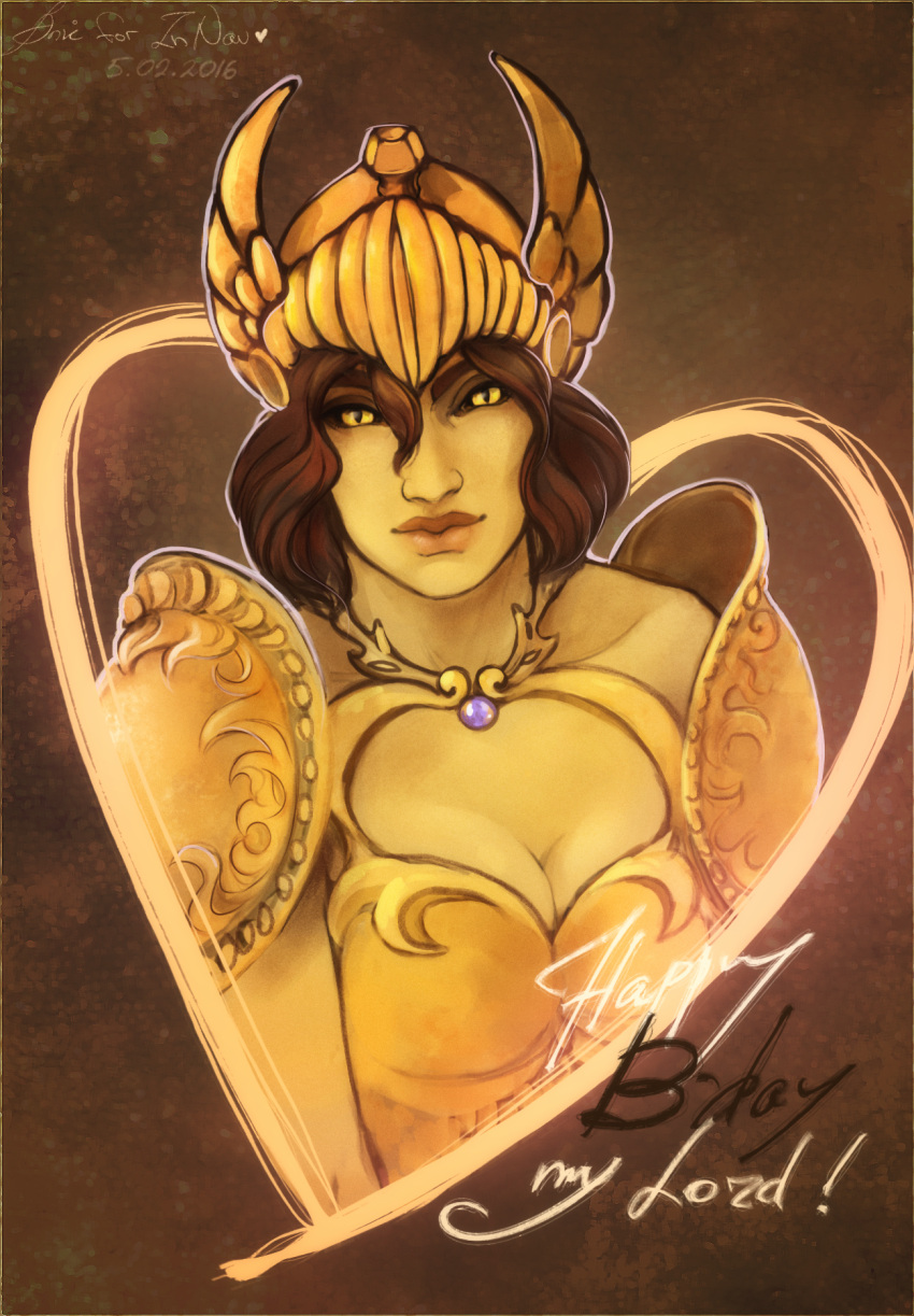 1girl, anvi_(anvhunt), armor, black_sclera, boobplate, brown_background, brown_hair, cleavage_cutout