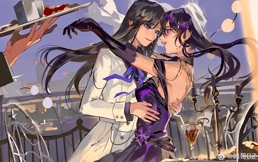 2girls, alcohol, arms_around_neck, ayame_en_(ouge_dz), bare_shoulders, black_gloves, black_hair, black_shirt