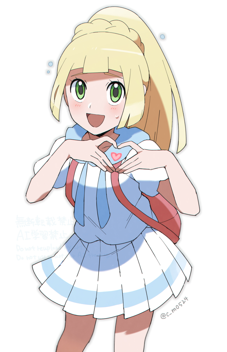 1girl, :d, backpack, bag, blonde_hair, cowboy_shot, four-finger_heart_hands, green_eyes, heart, heart_hands, high_ponytail, highres, lillie_(pokemon), long_hair, looking_at_viewer, open_mouth, pink_bag, pleated_skirt, pokemon, pokemon_sm, ponytail, shinozaki_naruse, shirt, short_sleeves, skirt, smile, solo, sweatdrop, twitter_username, white_background, white_shirt