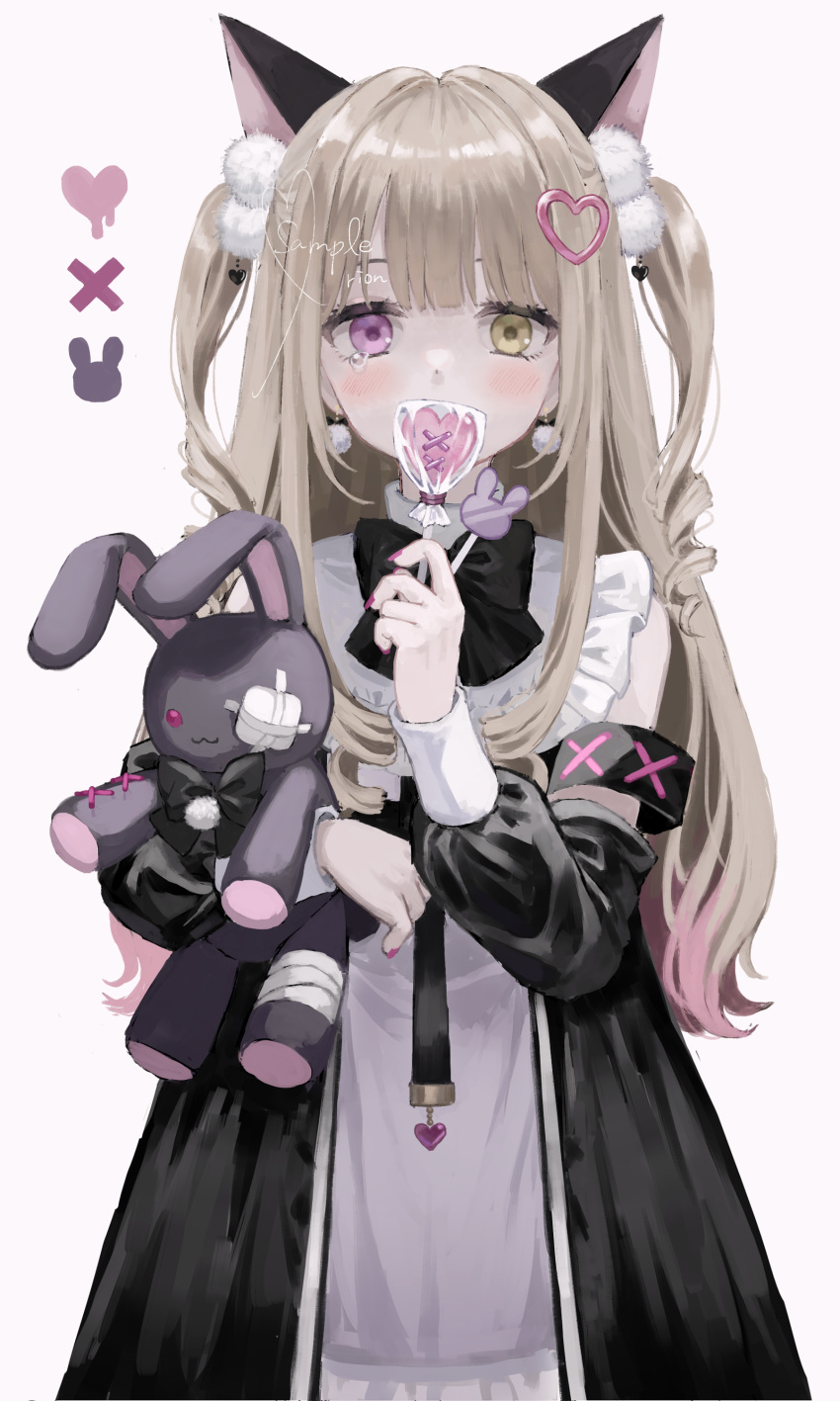1girl, absurdres, animal_ears, bare_shoulders, black_bow, black_bowtie, black_dress, blonde_hair