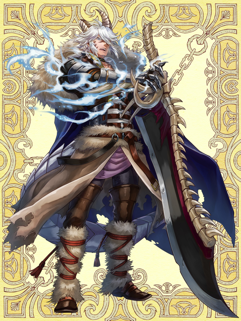 1boy, antenna_hair, bandaged_torso, belt, black_collar, black_jacket, blue_cape, blue_eyes, boots, braid, broken_horn, brown_belt, brown_boots, cape, clawed_gauntlets, collar, collared_shirt, dragon_boy, dragon_horns, dragon_tail, full_body, fur-trimmed_cape, fur_leg_warmers, fur_trim, furrowed_brow, greatsword, hair_over_one_eye, holding, holding_sword, holding_weapon, horns, jacket, jewelry, kerberos_blade, leg_warmers, looking_at_viewer, male_focus, multiple_belts, necklace, no_shirt, o-ring, o-ring_belt, open_clothes, open_jacket, open_mouth, planted, planted_sword, sarashi, scallgo, scar, scar_on_face, serious, shirt, short_hair, side_braid, side_cape, sidelocks, solo, standing, sword, tail, tassel, thigh_boots, torn_cape, torn_clothes, waist_cape, weapon, white_hair, yellow_background